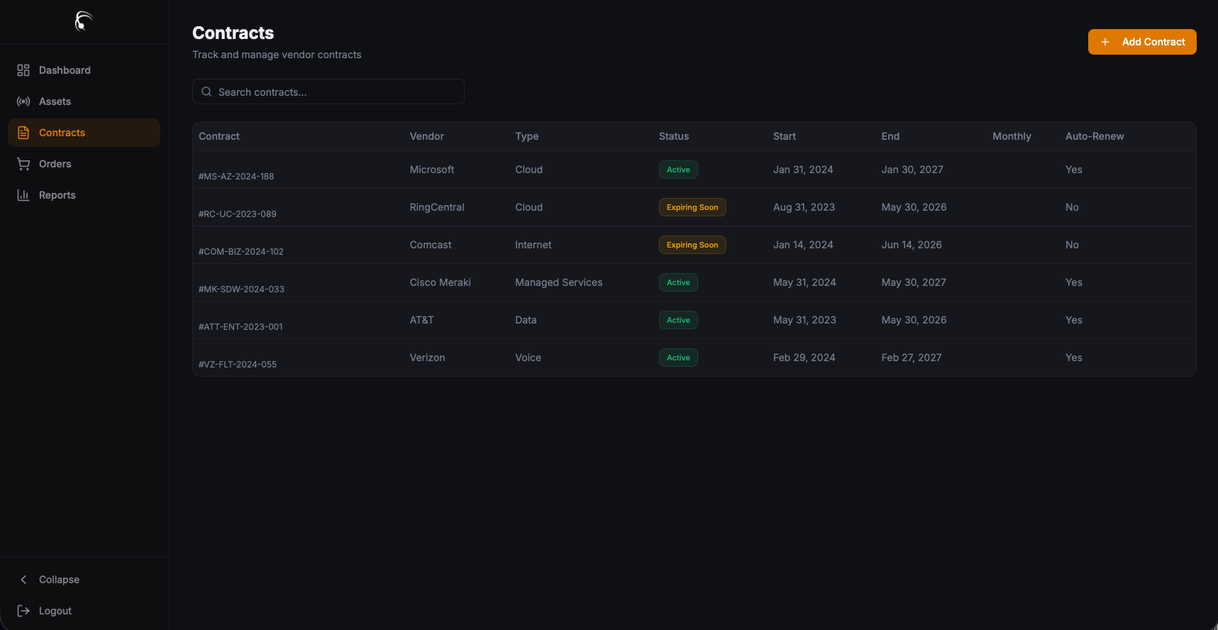 Orbit Contracts view listing vendor contracts with status, start and end dates, and auto-renew