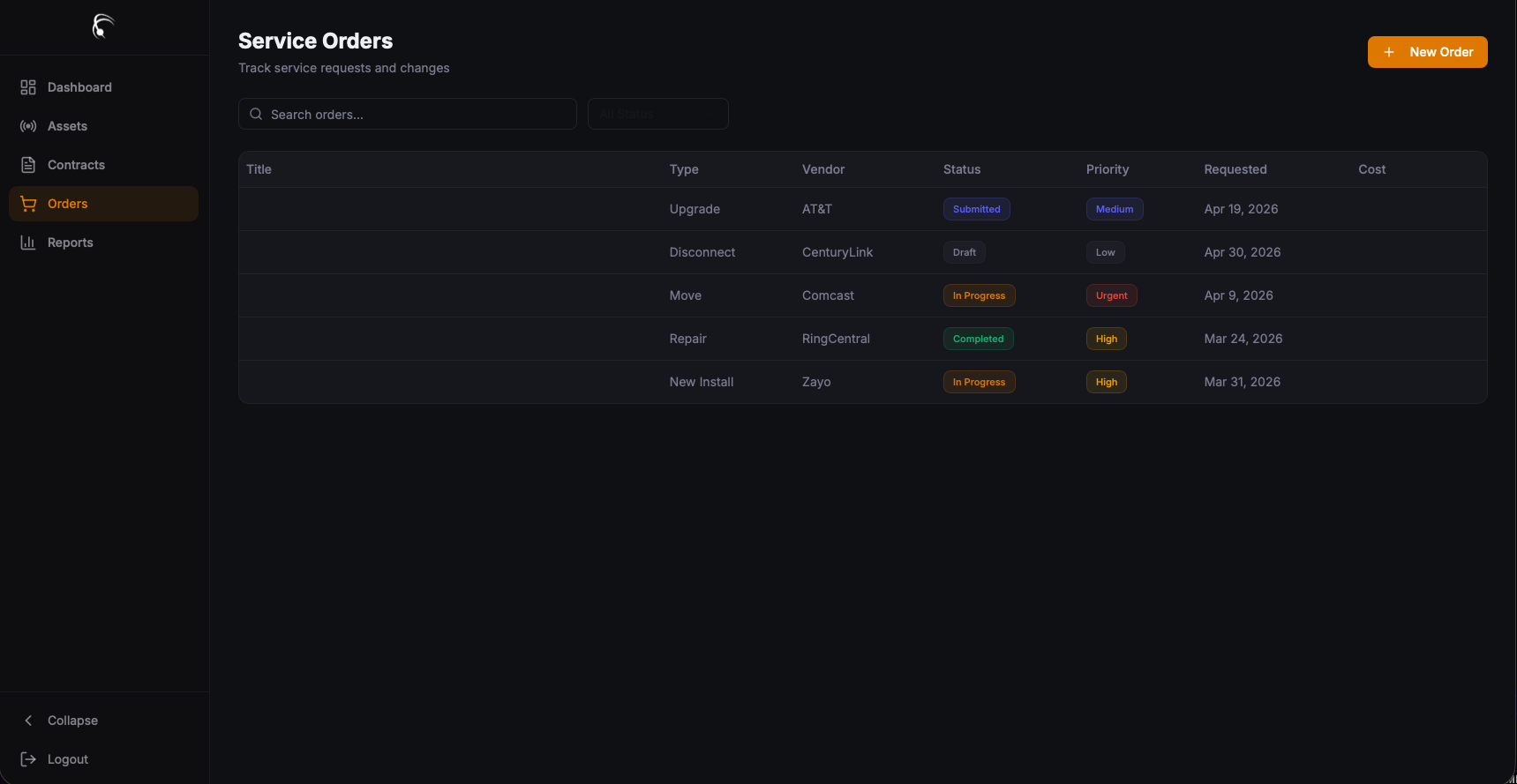 Orbit Service Orders view tracking service requests with type, vendor, status, and priority